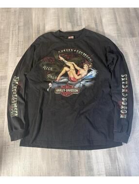 Vintage Y2K Harley Davidson Shirt Men’s Large Long Sleeve Pin Up Girl Hits Biker